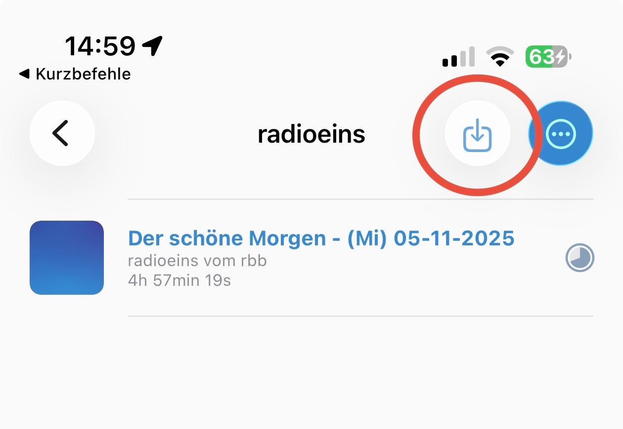 A smartphone screen displays a podcast or radio show titled Der schöne Morgen - (Mi) 05-11-2025 from radioeins vom rbb, with options for downloading and interaction.